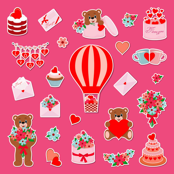 Vector illustration Set of Valentines Day illustrations in flat cartoon design. Cute stickers and pictures symbolizing Valentines Day. - Vector, Image