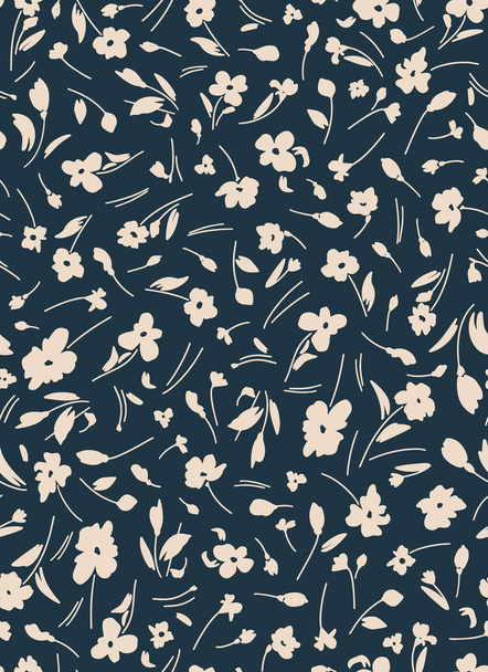Floral seamless repeat pattern. Random placed, vector botany elements all over surface print on dark blue background. - Vector, Image