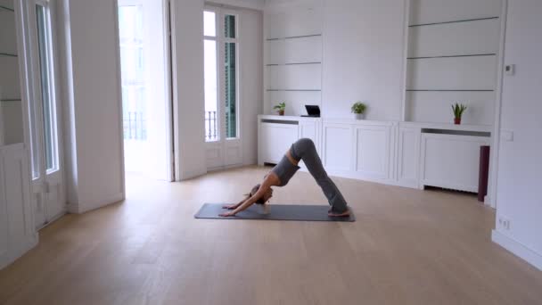 İnce bir kadının evdeki geniş odada yoga yapışının yan görüntüsü. - Video, Çekim