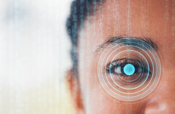 Cybersicherheit, Frauen- und Augenscanporträt für Gesichtserkennung und biometrische Kontrolle. Identitätsscanner, Netzhautüberwachung und Sicherheitssystem zum Schutz und zur Überprüfung des Gesichts mit Overlay. - Foto, Bild