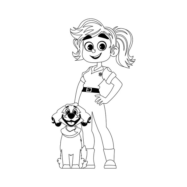 There is a woman who is extremely happy and has a strong love for animals. She has an adorable dog. Childrens coloring page. - Vector, Image