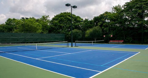 Pickleball tenis kortlarının arka planda ışıklar ve ağaçlarla mavi ve yeşile boyanmış saha manzarası. - Fotoğraf, Görsel