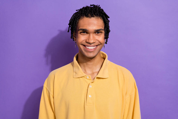Photo of satisfied positive cool person with piercing wear stylish shirt toothy smiling at camera isolated on purple color background. - Photo, Image