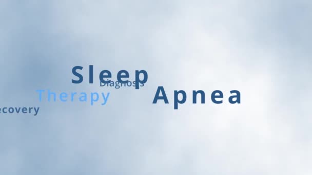 Nube palabra apnea del sueño y apnea del sueño etiqueta nube con términos de trastorno del sueño como mal funcionamiento de la frecuencia respiratoria o falta de oxígeno debido a ronquidos o terapia de apnea del sueño obstructiva o central por cpap - Imágenes, Vídeo