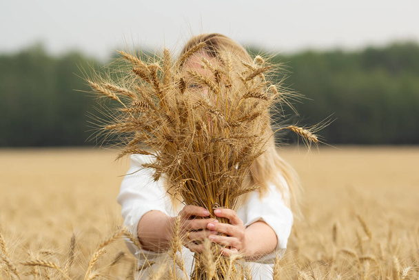 Жінка-фермер тримає великий пучок пшеничних вух перед нею в золотому сільськогосподарському полі, ліс на задньому плані. - Фото, зображення