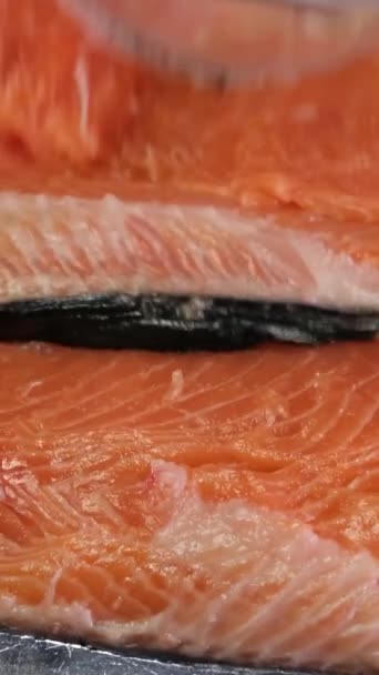 processo di salatura pesce rosso buccia di salmone il pesce dalla buccia coprire con sale e lasciarlo per la salatura per un po 'delizioso cibo sano prodotto naturale frutti di mare mani femminili close-up. pesce pulito - Filmati, video