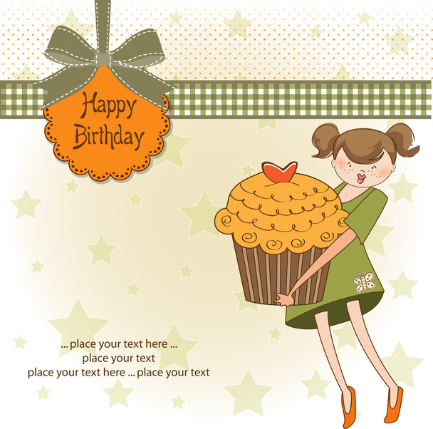 Happy Birthday card with girl and cupcake - Foto, Imagem