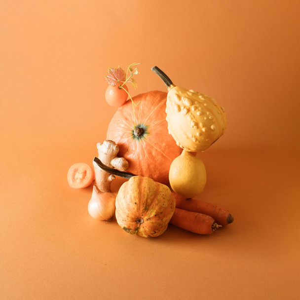 Натюрморт из свежесобранных домашних овощей и фруктов в оранжевом цвете - тыква, морковь на том же цвете фона, копировальное пространство. Вегетарианская здоровая еда. - Фото, изображение