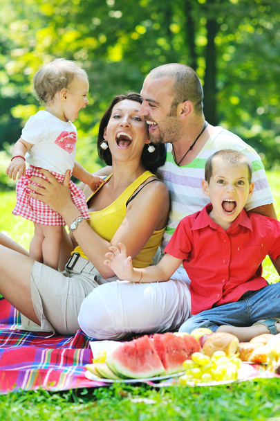 Happy young couple with their children have fun at park - 写真・画像