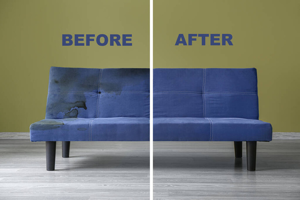 Sofá azul antes e depois da limpeza a seco no quarto - Foto, Imagem