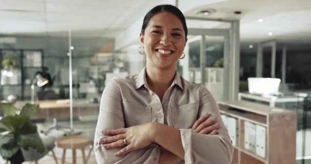 Business woman, arms crossed and happy face of a corporate worker in office ready for manager job. Asian female person, professional and portrait with employee for confidence and pride at workplace. - Video