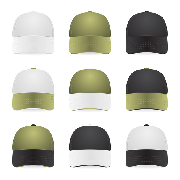 Neuf casquettes bicolores aux couleurs blanc, kaki et noir. Isolé sur blanc
 - Vecteur, image