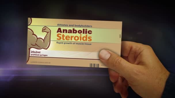 Anabolické steroidy tablety box v ruce. Kulturistika doping a atletické svalové pilulky balení abstraktní koncept 3d. - Záběry, video