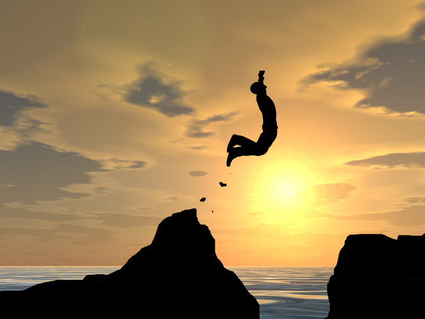 Zakenman silhouet gelukkig sprong van de klif - Foto, afbeelding
