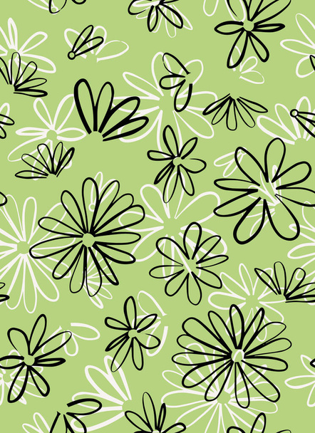 Absztrakt, kézzel rajzolt virágok zökkenőmentes ismétlődő minta. Véletlenszerűen elhelyezett, vektor botanika az egész felületen lenyomat matcha zöld háttér. - Vektor, kép