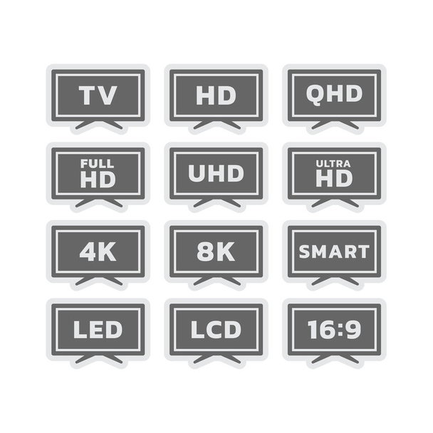 Okos tv és 8K vektor címkék. Ultra HD, 4K felbontású és LED kijelzős televíziós ikonkészlet. - Vektor, kép