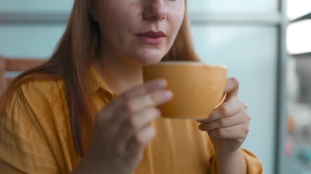 Primer plano de atractiva mujer de ensueño pacífica sosteniendo taza disfrutar de la bebida de té mañana vigorizante bebida de café mientras se sienta en su terraza.  - Imágenes, Vídeo