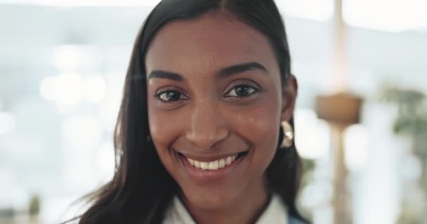 Business woman, happy and face closeup of a corporate worker in a office ready for entrepreneur career. Female person, professional and portrait with smile of confidence and pride at workplace. - Footage, Video