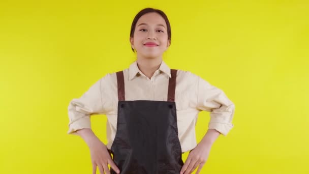 Retrato de una joven barista asiática con delantal de pie y sonrisa sobre fondo amarillo, camarera o emprendedora alegre, pequeña empresa o startup, camarera de cafetería o cafetería con confianza. - Metraje, vídeo