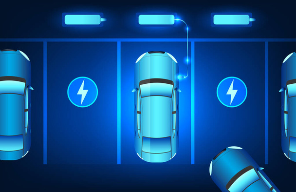Technologia pojazdów elektrycznych wykorzystująca energię elektryczną do napędzania akumulatorów w stacji ładowania pojazdów elektrycznych to czysta energia, a także przyczynia się do zmniejszenia globalnego ocieplenia. - Wektor, obraz