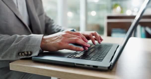 Hands typing, laptop and keyboard at desk, email communication or data analytics in writing process. Business person, computer and click for research, analysis and copywriting on website in workplace. - Footage, Video