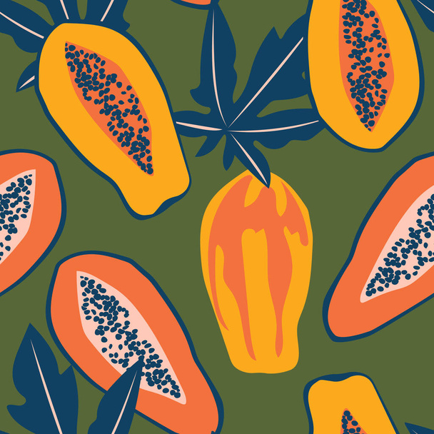 Παπάγια μοτίβο. Τα τροπικά ζουμερά ώριμα εξωτικά φρούτα σχηματίζουν ένα αδιάλειπτο μοτίβο για υφάσματα με πράσινο φόντο. - Φωτογραφία, εικόνα