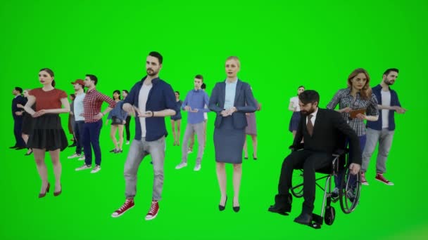3D animatie van de vooraanzicht van mensen protesten in Azië staande positie voor interne en externe scènes chroma key groen scherm 3d mensen redner chroma key achtergrond animatie man en vrouw lopen praten - Video