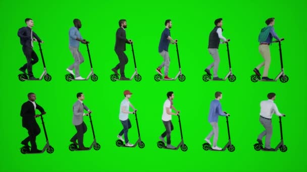 Animación 3D de ingenieros padres maestros y Maamaran montando un scooter en la calle junto a la cortina verde de croma key 3d personas redner croma key fondo animación hombre y mujer caminar hablar - Metraje, vídeo