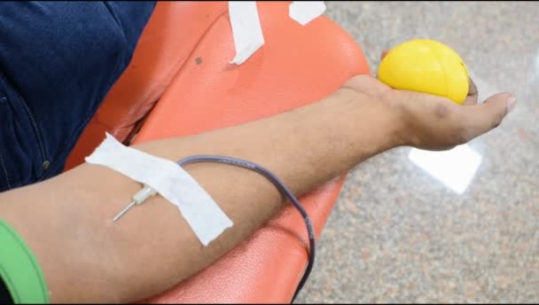 Doador de sangue no campo de doação de sangue realizada com uma bola saltitante segurando na mão no Templo Balaji, Vivek Vihar, Delhi, Índia, Imagem para o Dia Mundial do Doador de Sangue em 14 de junho todos os anos, Campo de Doação de Sangue - Filmagem, Vídeo