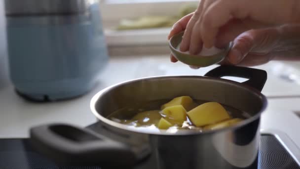 Cooking boiled potatoes in home kitchen. woman puts raw peeled potatoes into pan boiling water, stirs, salts, checks readiness - Footage, Video