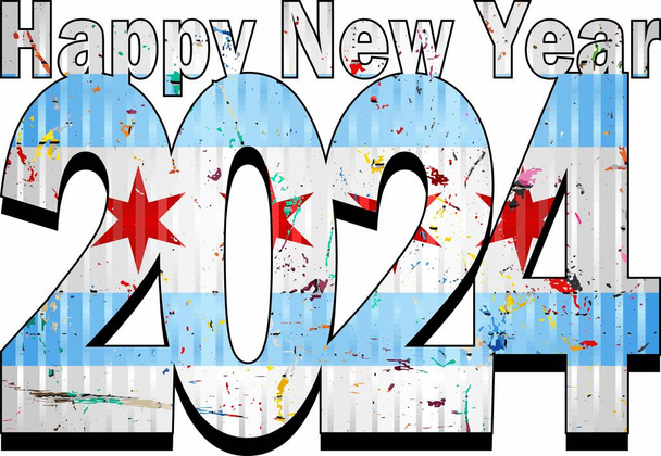 Bonne année 2024 avec le drapeau de Chicago à l'intérieur - Illustration, 2024 NUMÉROS HEUREUX Nouvel An - Vecteur, image