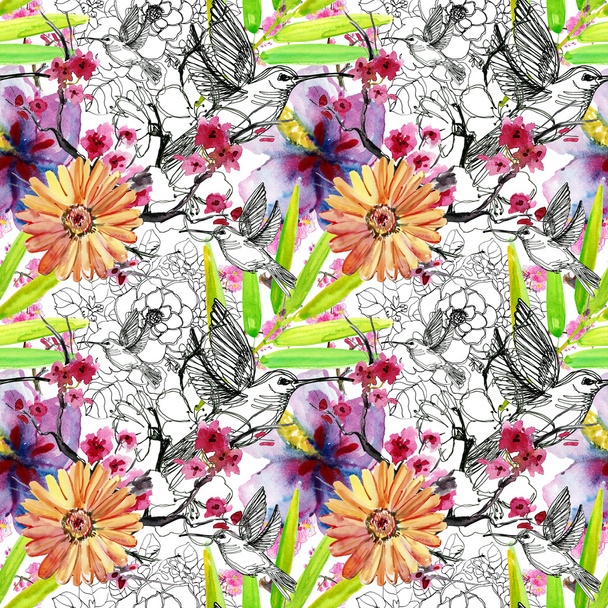 Бесшовный цветочный фон с колибри
 - Фото, изображение