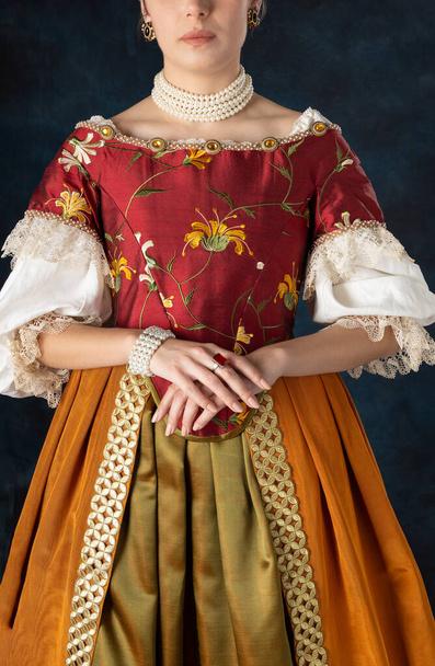Mujer renacentista, Tudor, georgiana o de fantasía alta con un corpiño bordado con una camiseta de lino y una falda larga de dos piezas sobre un fondo de estudio - Foto, imagen