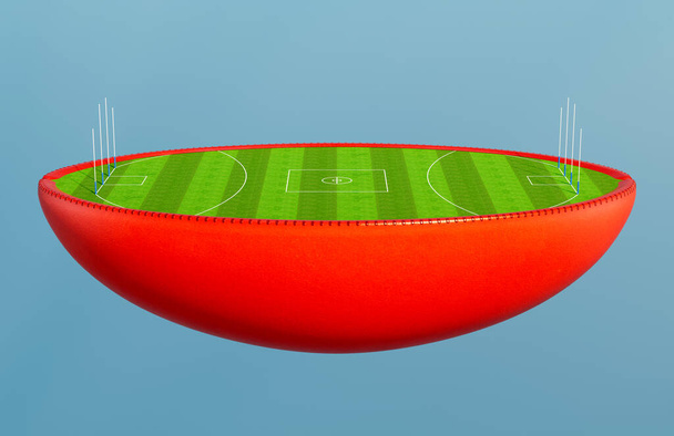Ausralian säännöt pallo jaettu kahtia paljastaen merkitty vihreä ruoho jalkapallokenttä tavoitteet päivänvalossa - 3D tehdä - Valokuva, kuva