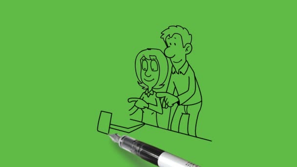 若い女の子を描く コンピュータ上の椅子の仕事に座って,若い男の子は,抽象的な緑の背景に黒い輪郭を持つコンピュータに彼女のポイント左手指指の後ろに立っています    - 映像、動画