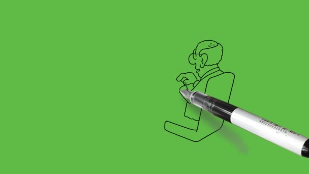 dibujar dos hombres jóvenes se sientan en la silla delante de uno al otro mantenga el calendario en la mano y escribir en el cuaderno discutir simultáneamente con el contorno negro en el fondo abstracto pantalla verde     - Metraje, vídeo