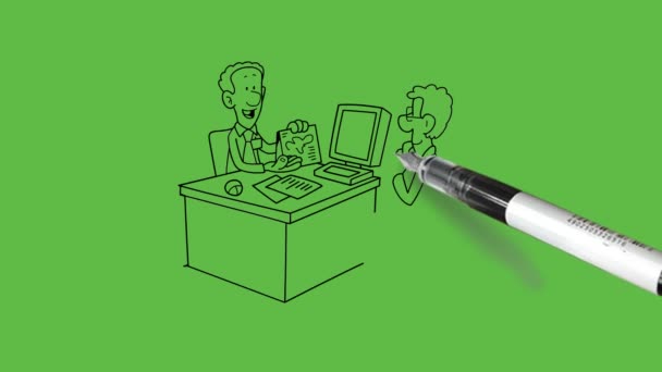 narysować dwóch młodych mężczyzn siedzieć na regulowanym fotelu biurowym z komputera i piśmiennictwa miejsce na środkowym stole przed sobą i pokazać kalendarz z czarnym zarysem na abstrakcyjnym tle zielony ekran     - Materiał filmowy, wideo