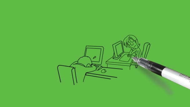 disegnare gruppo di quattro pigri uomini e donne seduti sulla sedia con il loro posto computer separato sul tavolo in forma rotonda sonnecchiare con la testa sul tavolo e sbadigliare con contorno nero su sfondo astratto schermo verde     - Filmati, video