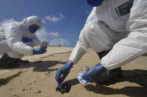 NATAL (RN), Brazylia 09 / 24 / 2023 - Plamy olejowe znajdują się na plaży Camurupim, Nisia Floresta, na południowym wybrzeżu RN. Naukowcy z Costa Branca Cetacean Project zebrali próbki do analizy substancji.  - Zdjęcie, obraz