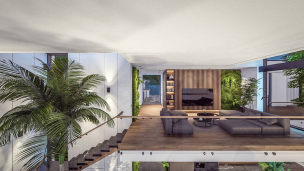 3d rendering of expensive cozy interior with green walls with living dining zone stair and kitchen for sale or rent. Warm interior lighting combined with cold light from night street - Fotografie, Obrázek