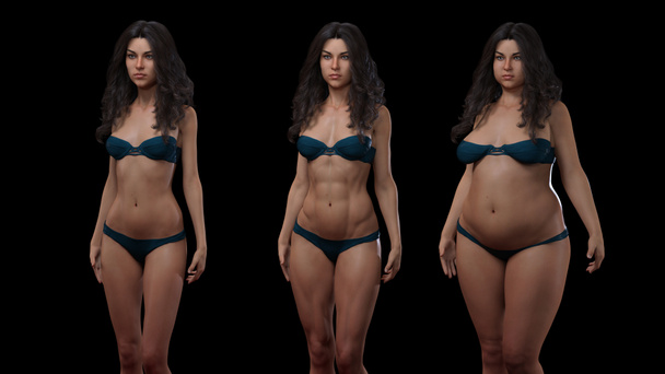 3D Render: Vorderseite des stehenden weiblichen Körpertyps Illustration: ektomorph (dünner Typ), mesomorph (muskulöser Typ), endomorph (schwerer Typ)) - Foto, Bild