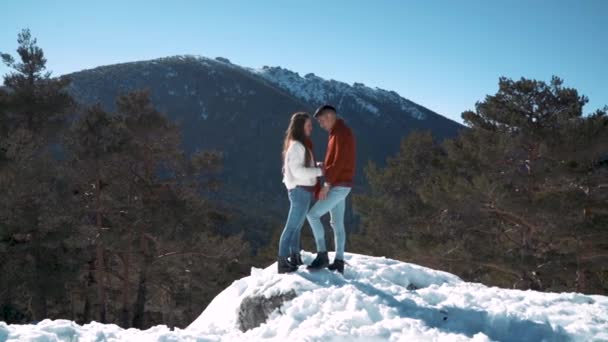 fiatal pár szerelmes a téli havas erdőben - Felvétel, videó