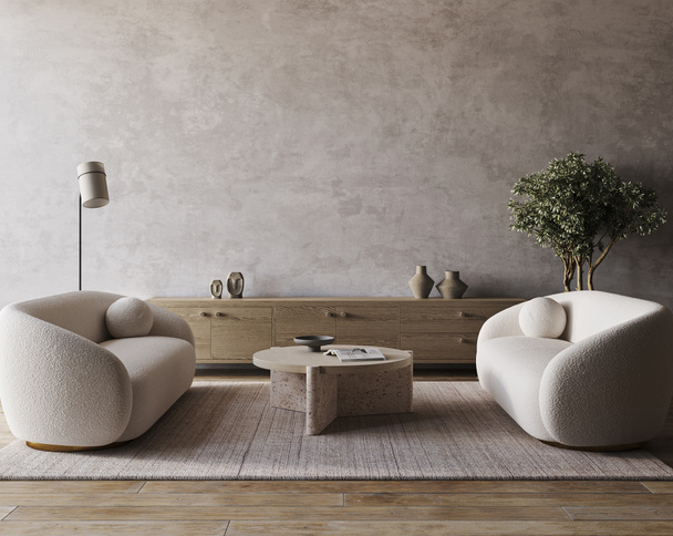 Boho beige olohuone sisustus 2 sohva, vihreä kasvi ja harmaa stukko seinään tausta. Kevyt moderni japanilainen luontonäkymä. 3d tekee mallintöitä. Laadukas 3D-kuva. - Valokuva, kuva
