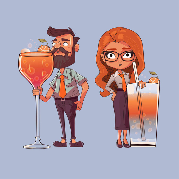 Vector-Cartoon Frau und Mann mit Cocktails auf einer Firmenveranstaltung - Foto, Bild