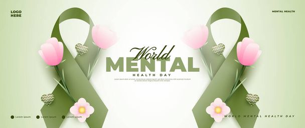světového duševního zdraví den banner design s zelenou stuhou prvky - Vektor, obrázek