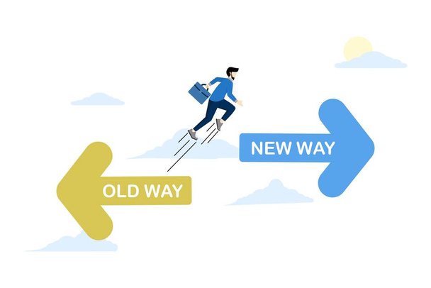 concept of adapting to change, improvement and development of self or business. businessman jumping with arrows pointing towards the past and future. flat vector illustration on white background. - Vector, Image