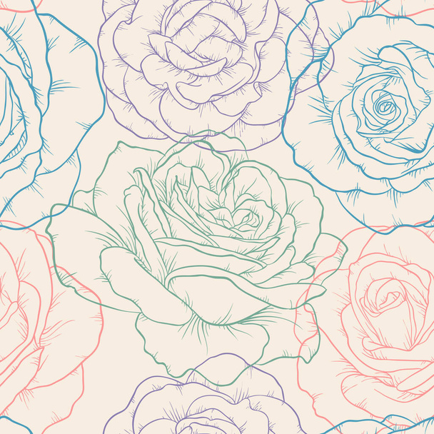 Krásný monochromatický černobílý bezešvý vzor s liniemi růží. Ručně nakreslené obrysy. designové přání a pozvánka na svatbu, narozeniny, Valentýn, Den matek, svátky - Vektor, obrázek