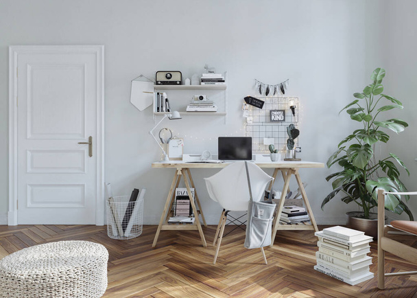 Diseño interior escandinavo de la sala de estar con ventanas, paredes blancas, pisos de madera, muebles acogedores y hermosa decoración, representación 3d - Foto, Imagen
