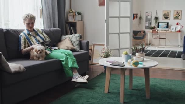 Gen Z ragazza con disabilità indossa protesi del braccio seduta sul divano in soggiorno accarezzando il suo cane poi guardandolo allontanarsi - Filmati, video