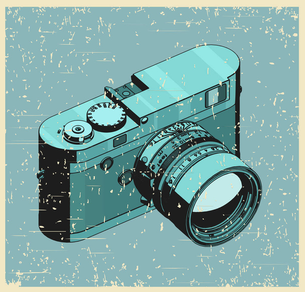 Gestileerde vector isometrische illustratie van spiegelloze afstandszoeker camera in retro poster stijl - Vector, afbeelding